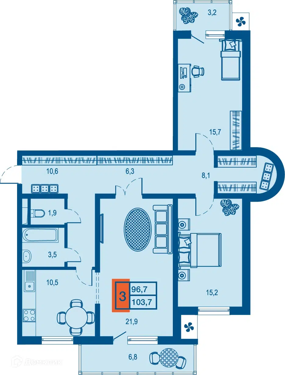 Планировка: 3-комн. квартира 96.70 м² в новостройке Дом у озера