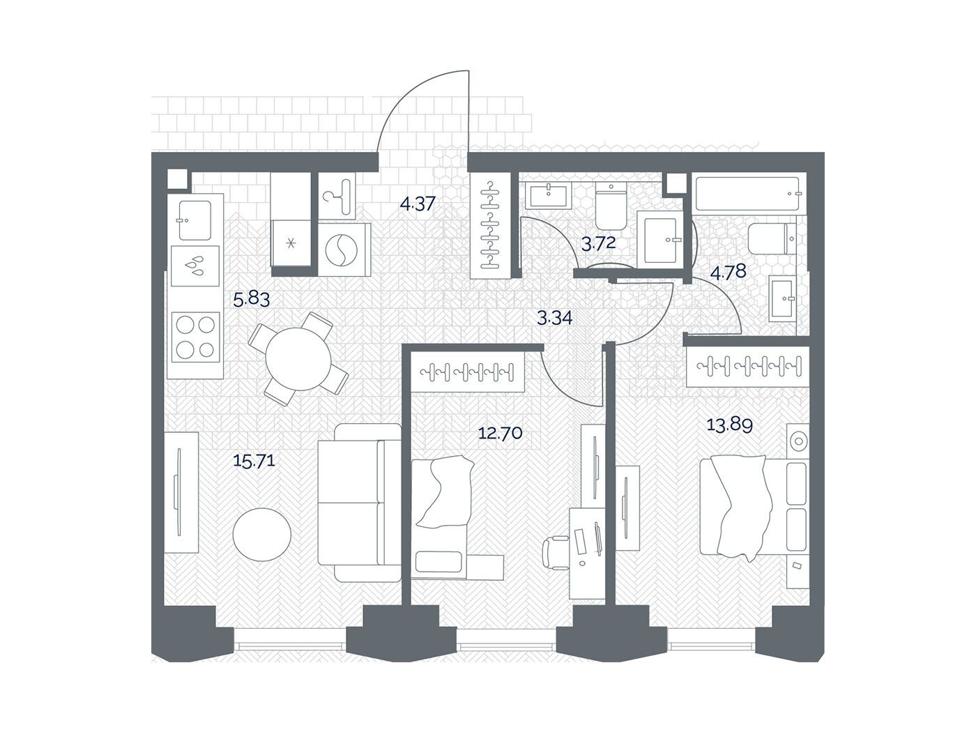 Планировка: 2-комн. квартира 64.34 м² в новостройке Тейт