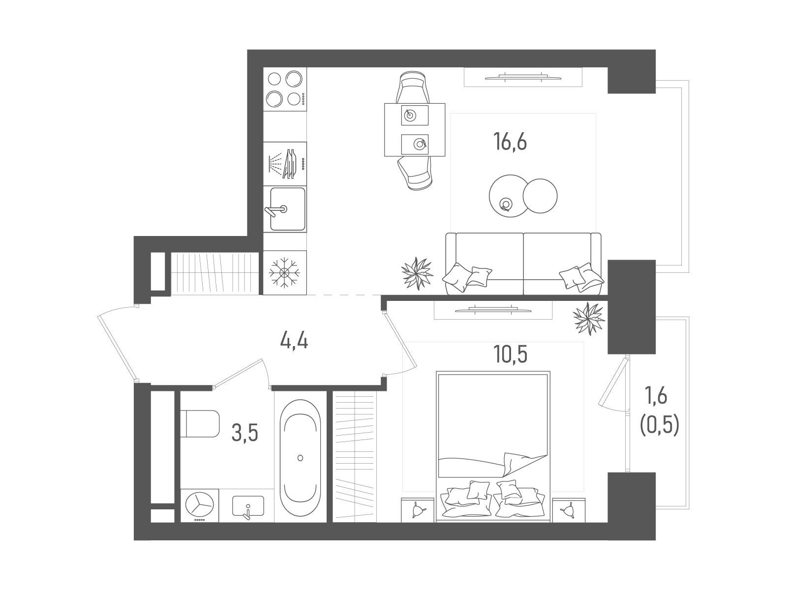 Планировка: 1-комн. квартира 35.50 м² в новостройке Татум