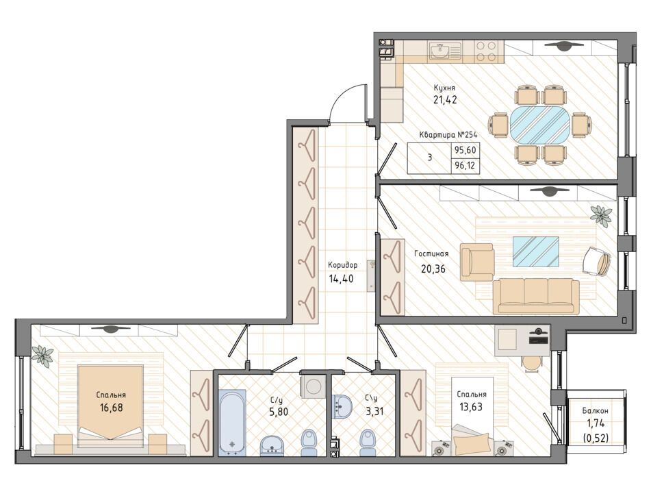 Планировка: 3-комн. квартира 96.50 м² в новостройке Мануфактура Джеймс Бэк