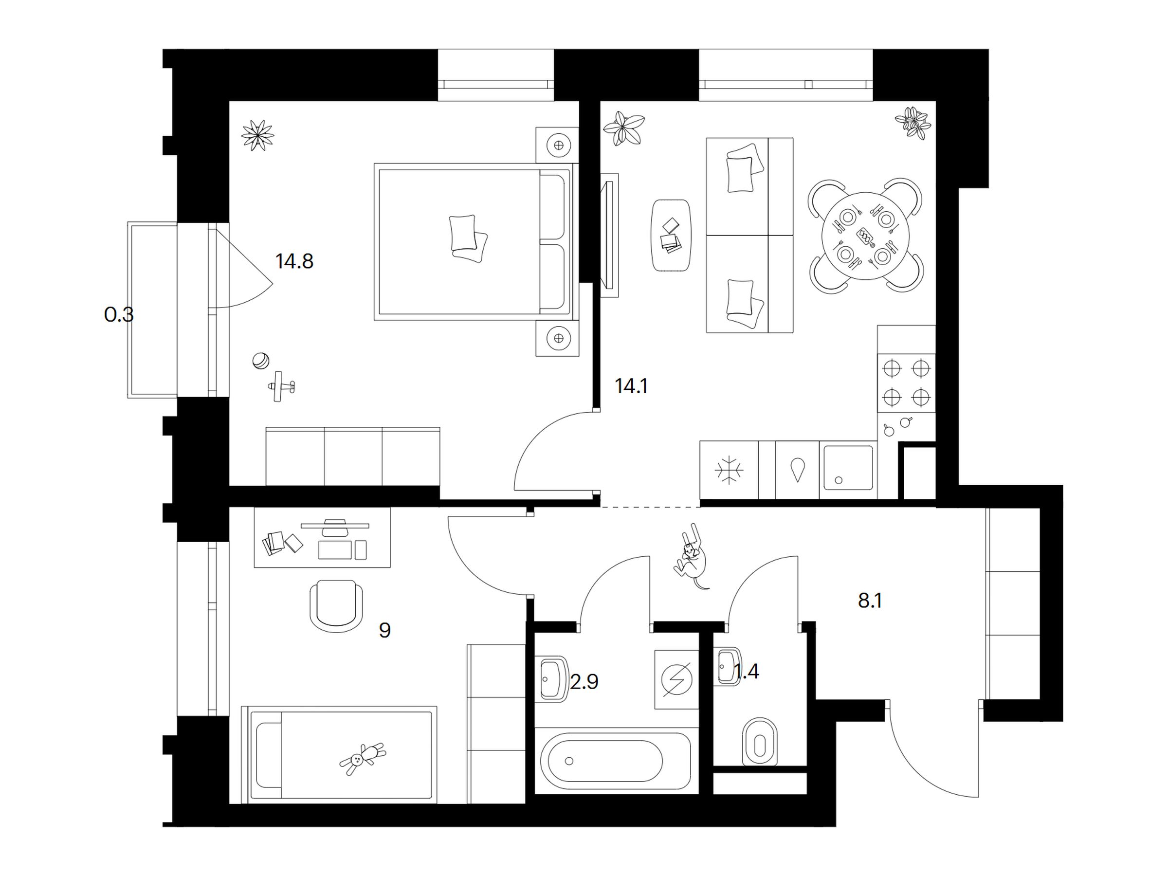 Планировка: 2-комн. квартира 50.60 м² в новостройке Середневский лес