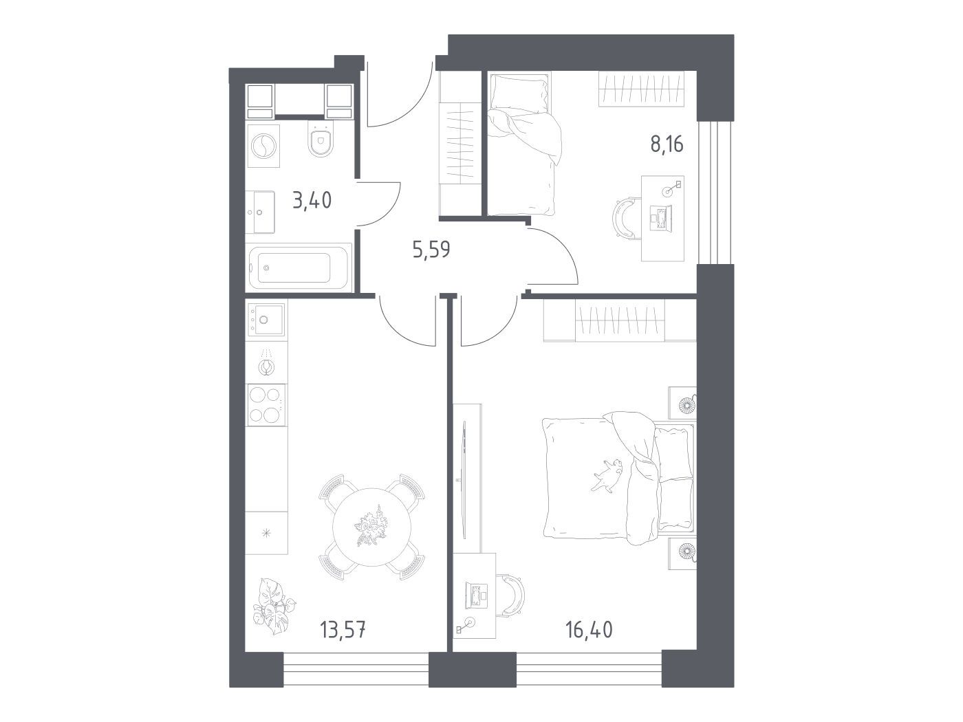Планировка: 2-комн. квартира 47.12 м² в новостройке Пятницкое 58