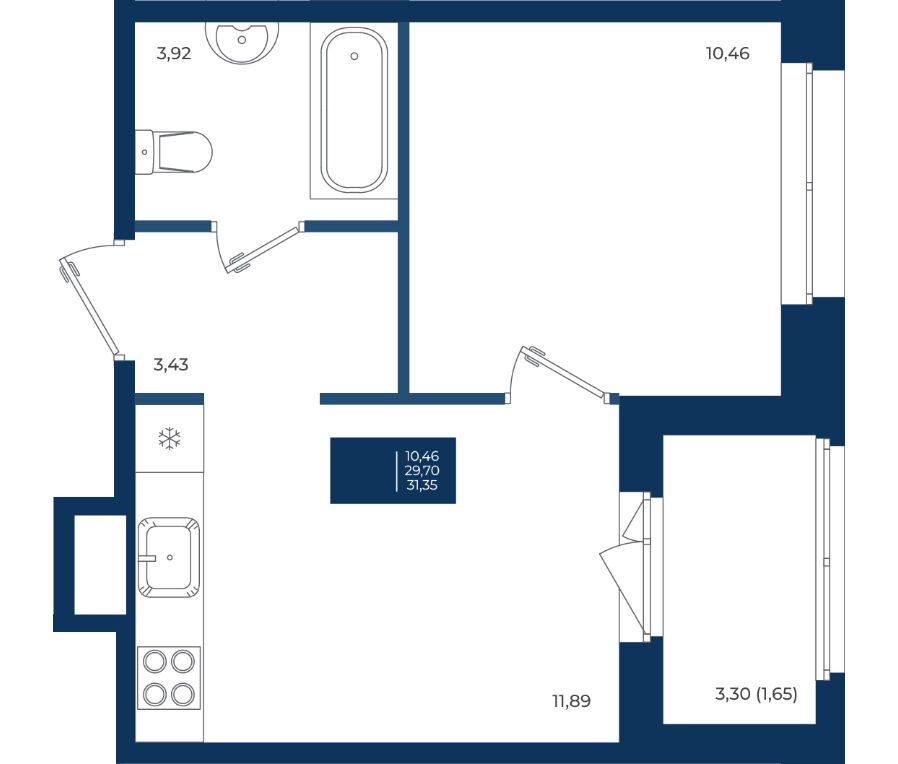 Планировка: 1-комн. квартира 31.35 м² в новостройке ЖК Новатория