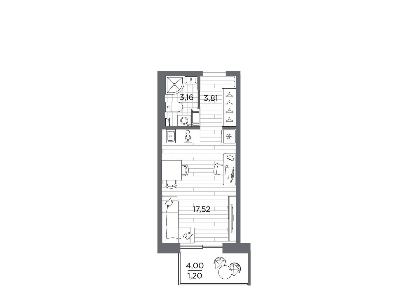 Планировка: Студия 25.69 м² в новостройке Сезоны