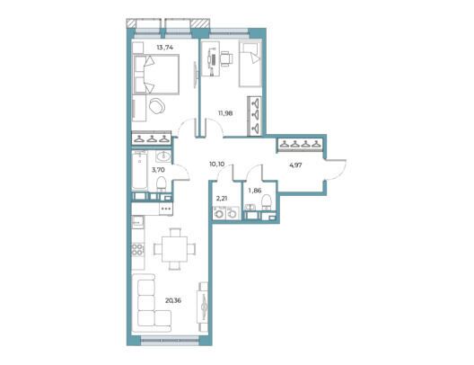 Планировка: 2-комн. квартира 69.79 м² в новостройке Взлетная 16