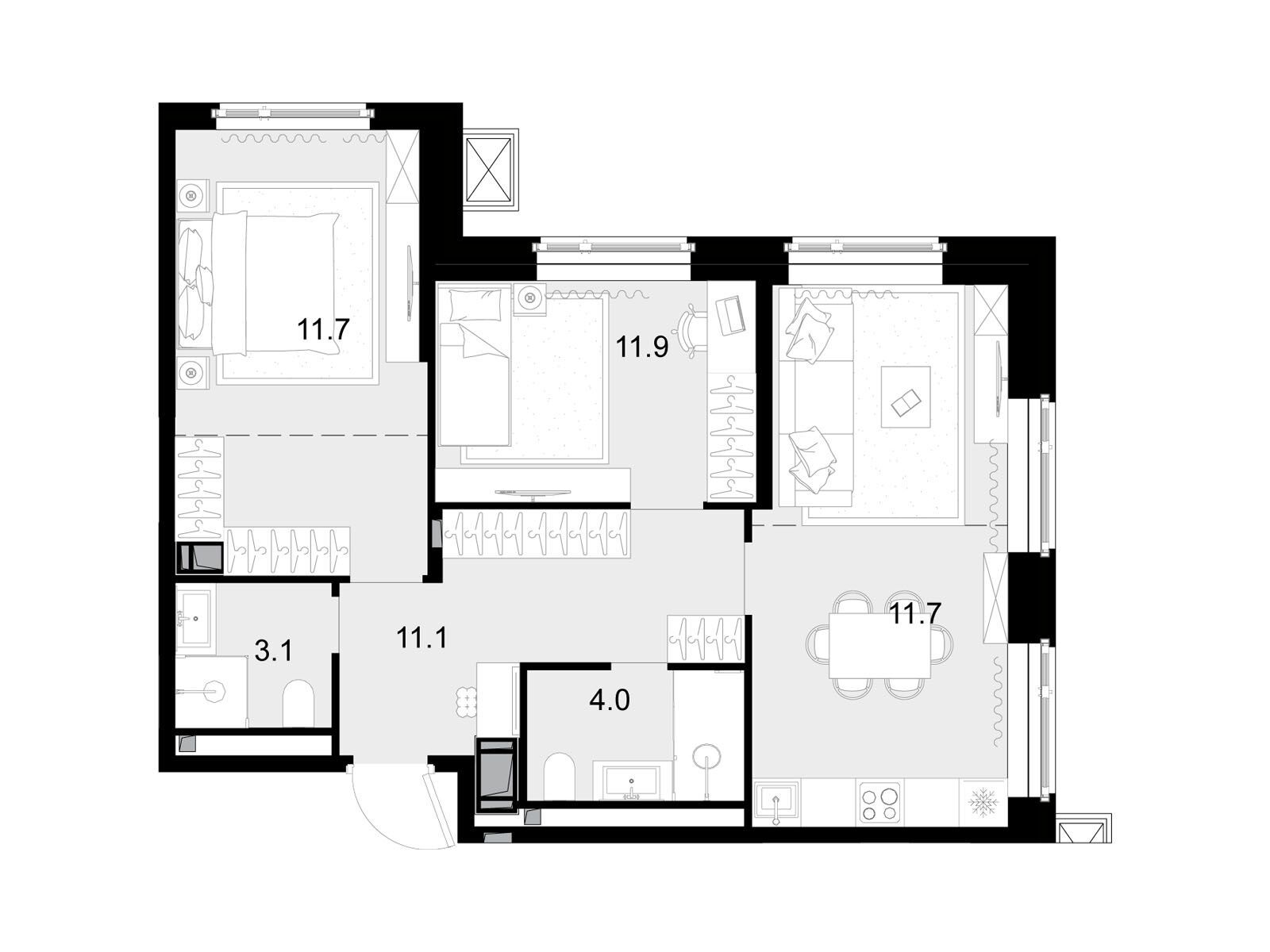 Планировка: 3-комн. квартира 61.30 м² в новостройке Малевич