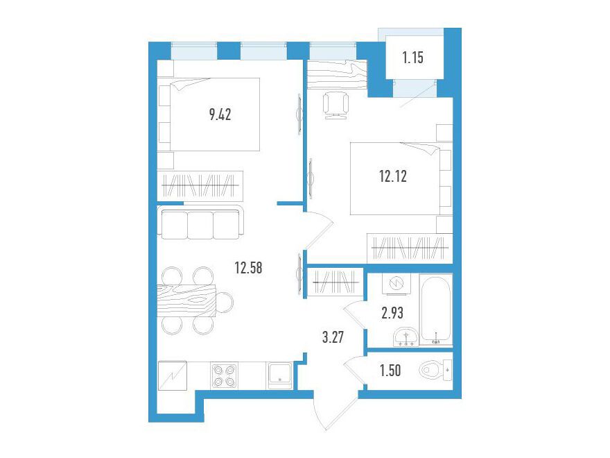 Планировка: 2-комн. квартира 42.40 м² в новостройке Аэросити Клаб