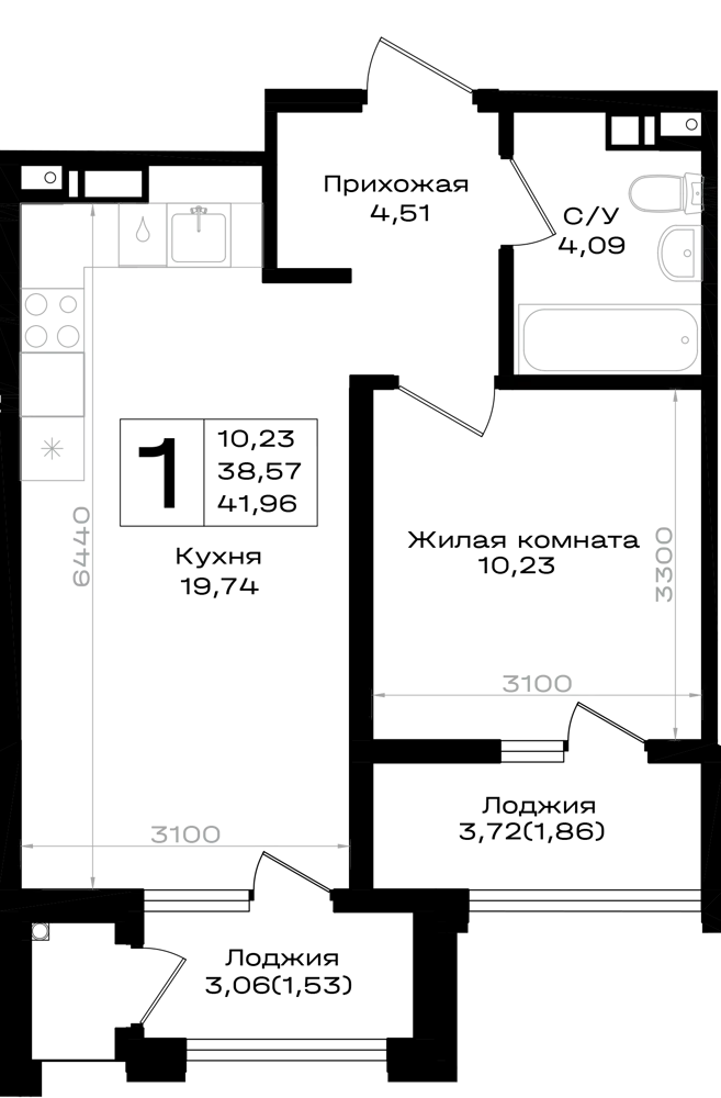Планировка: 1-комн. квартира 41.96 м² в новостройке Южно-Н