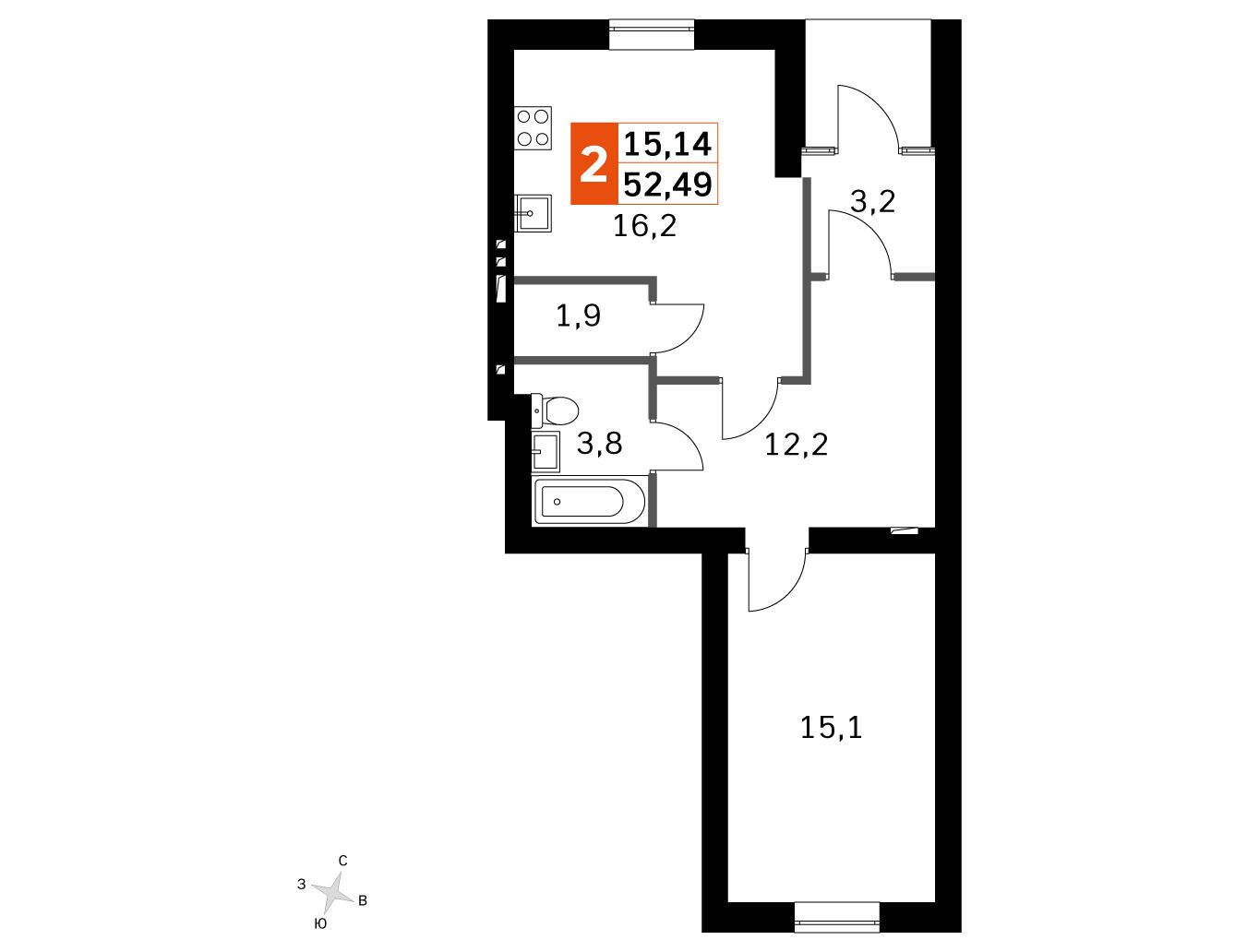 Планировка: 1-комн. квартира 51.20 м² в новостройке Парк Апрель