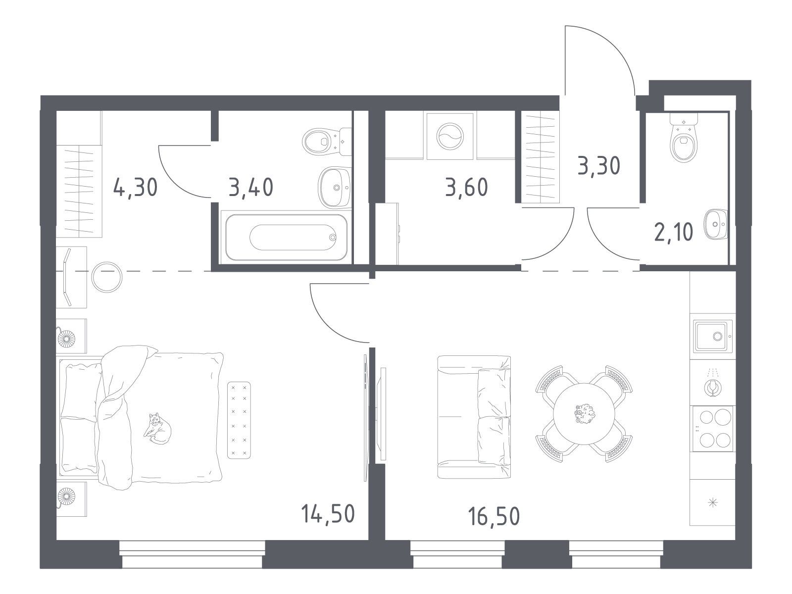 Планировка: 1-комн. квартира 47.70 м² в новостройке Химки парк