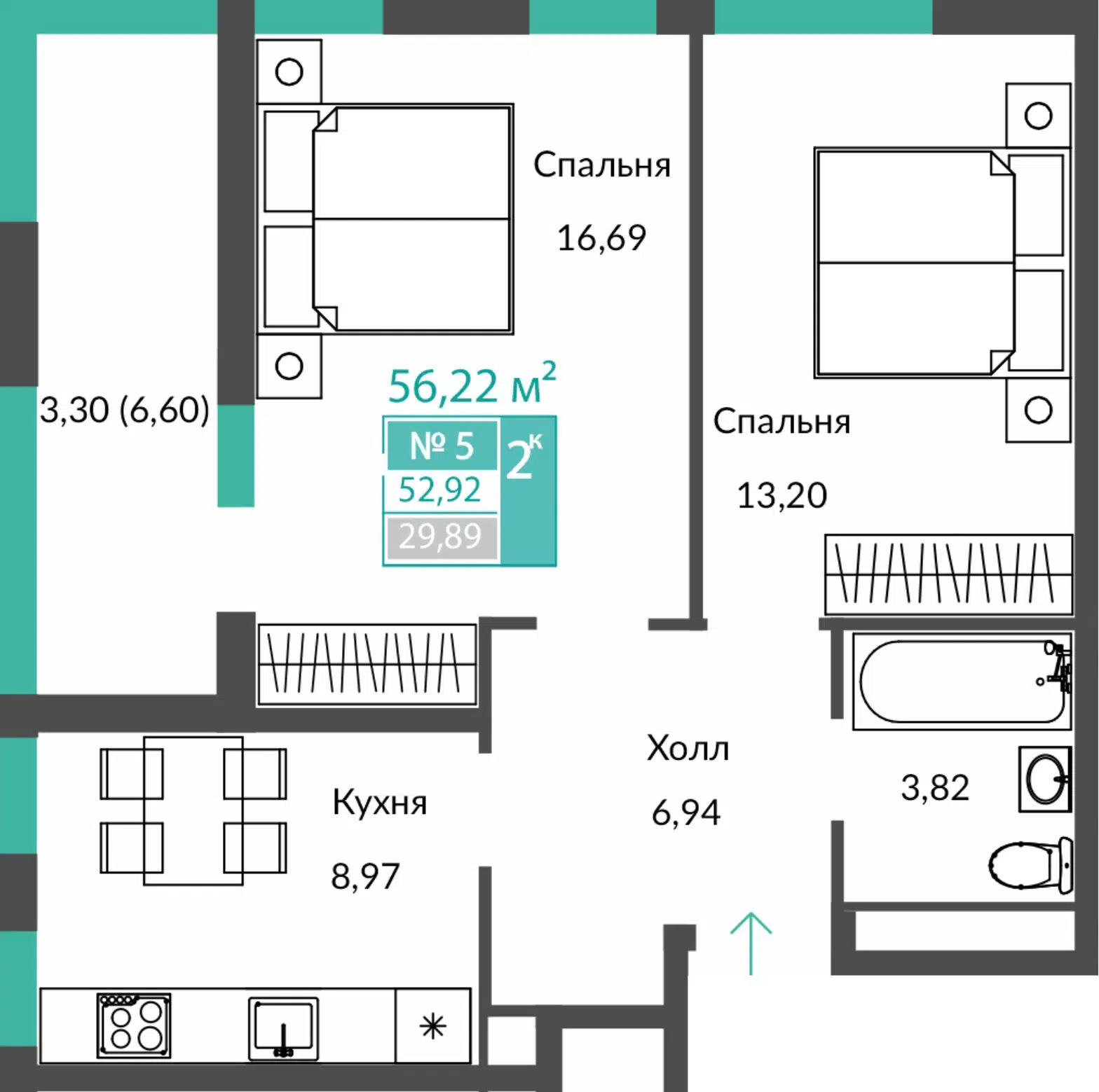 Планировка: 2-комн. квартира 52.92 м² в новостройке ЖК Единство