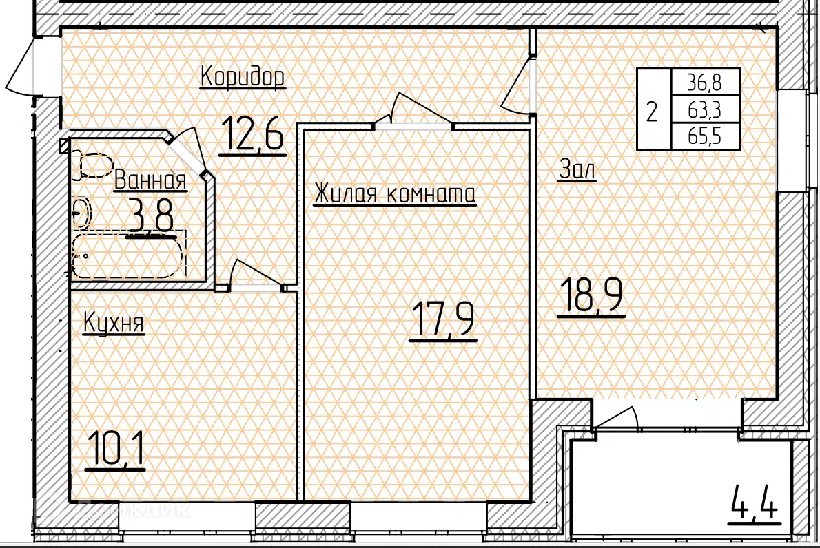 Планировка: 2-комн. квартира 65.50 м² в новостройке Фестивальный