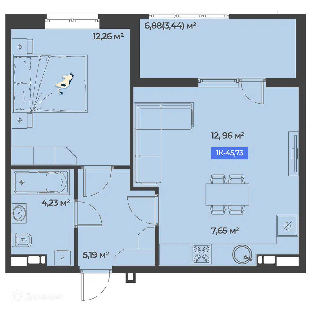 Планировка: 1-комн. квартира 45.73 м² в новостройке Соловей