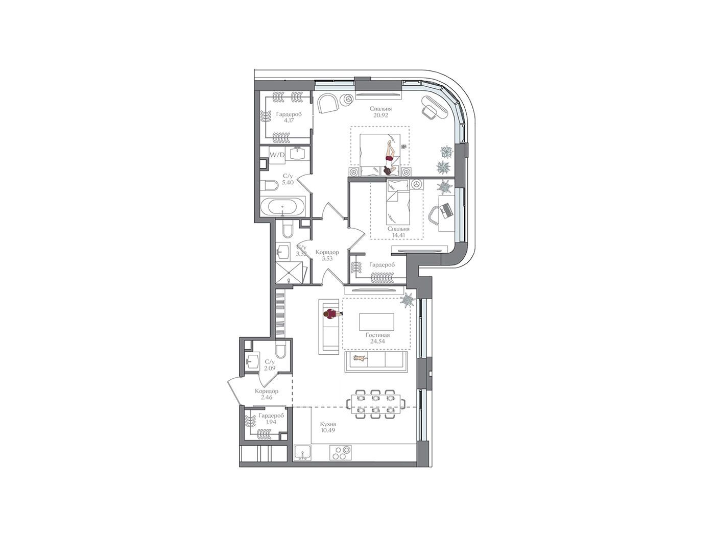 Планировка: 2-комн. квартира 93.28 м² в новостройке ЖК Преображенская площадь