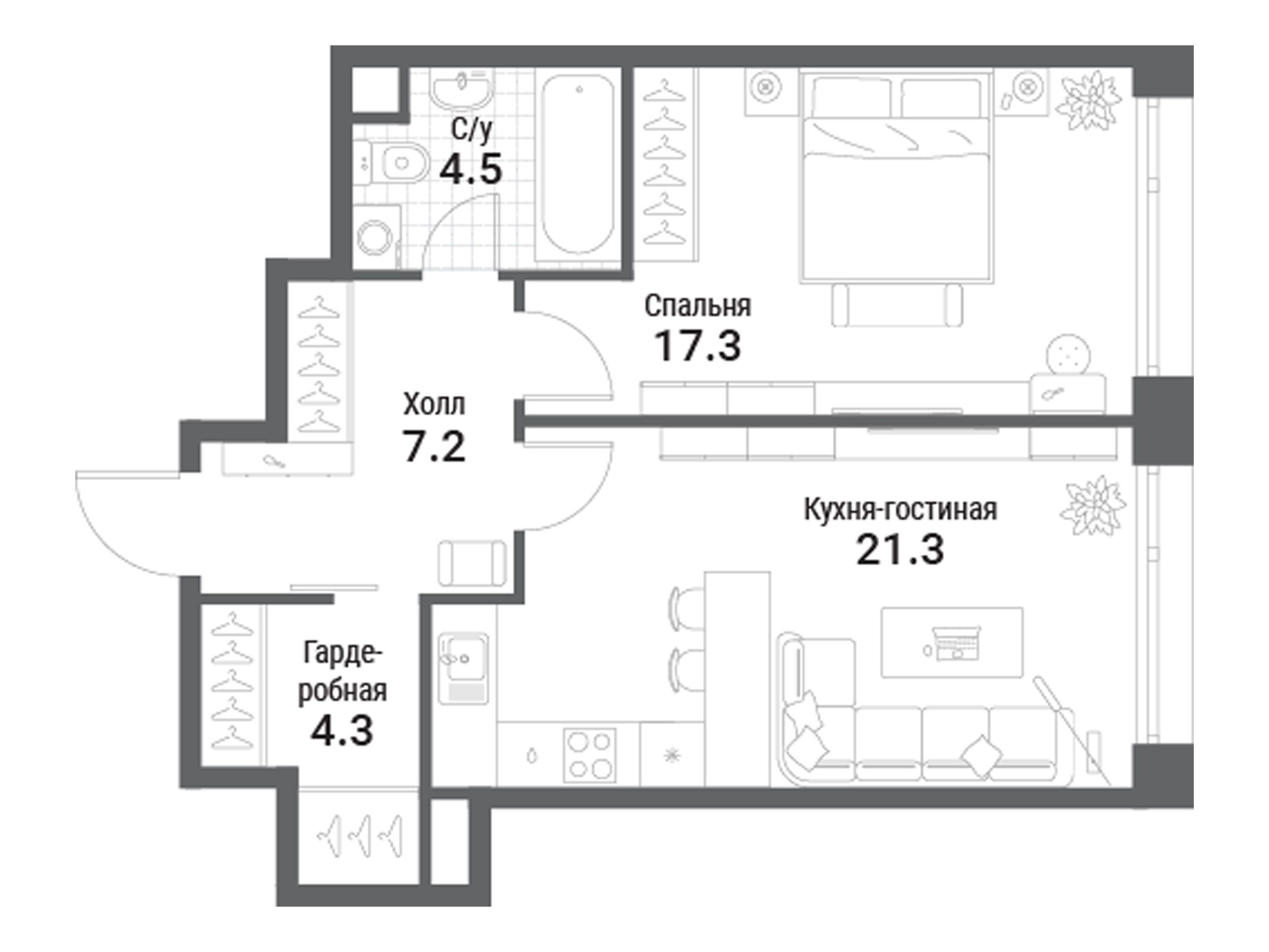 Планировка: 1-комн. квартира 54.60 м² в новостройке ЖК Нагатино ай-лэнд