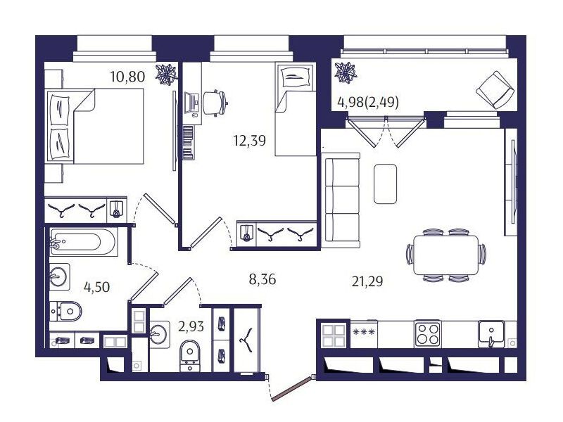 Планировка: 2-комн. квартира 62.76 м² в новостройке Ранта Резиденс