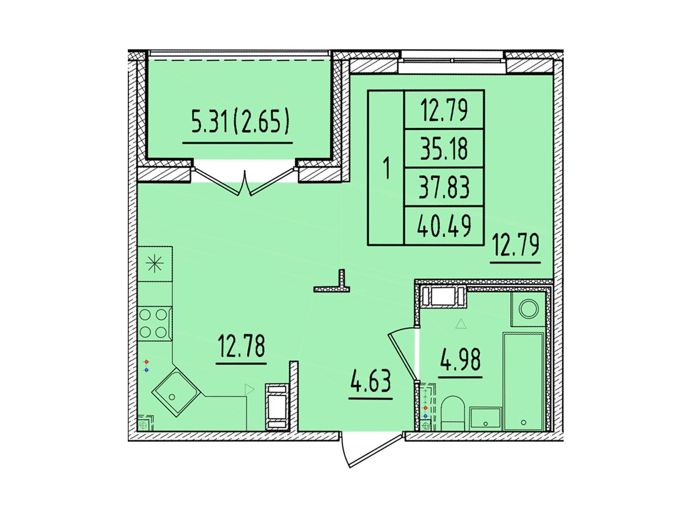 Планировка: 1-комн. квартира 35.18 м² в новостройке Образцовый квартал 17