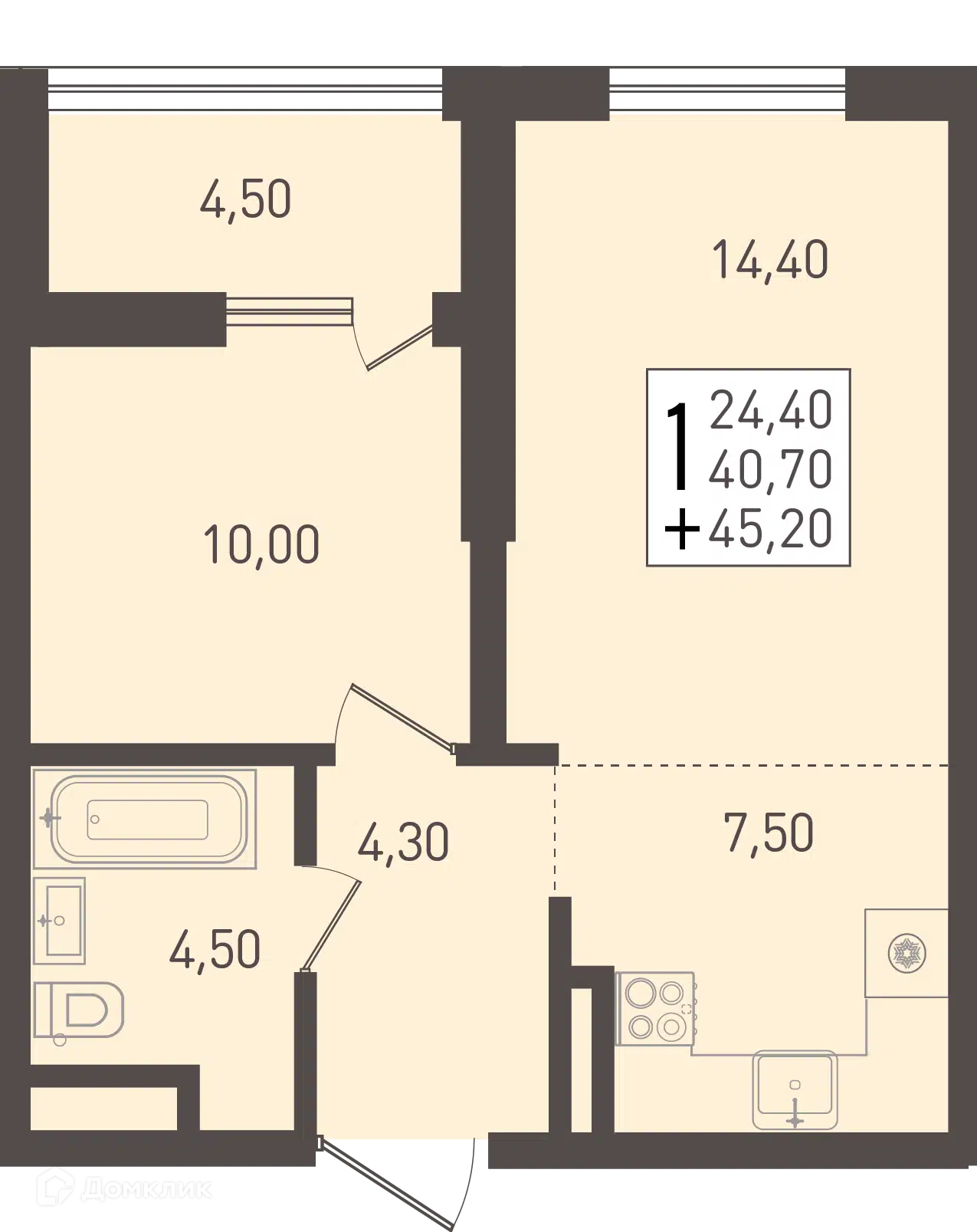 Планировка: 1-комн. квартира 45.20 м² в новостройке Югге