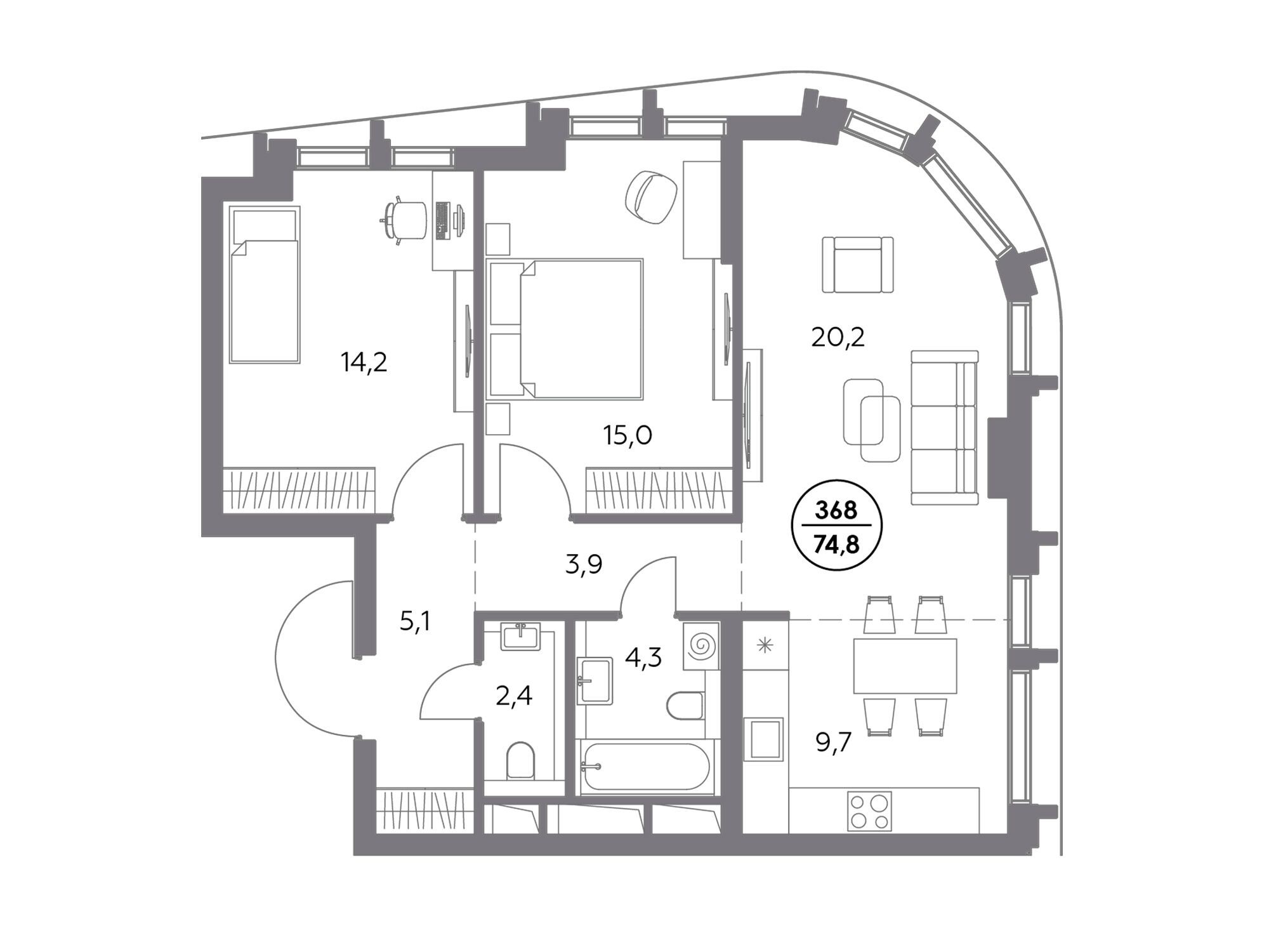 Планировка: 2-комн. квартира 74.80 м² в новостройке Дом 56