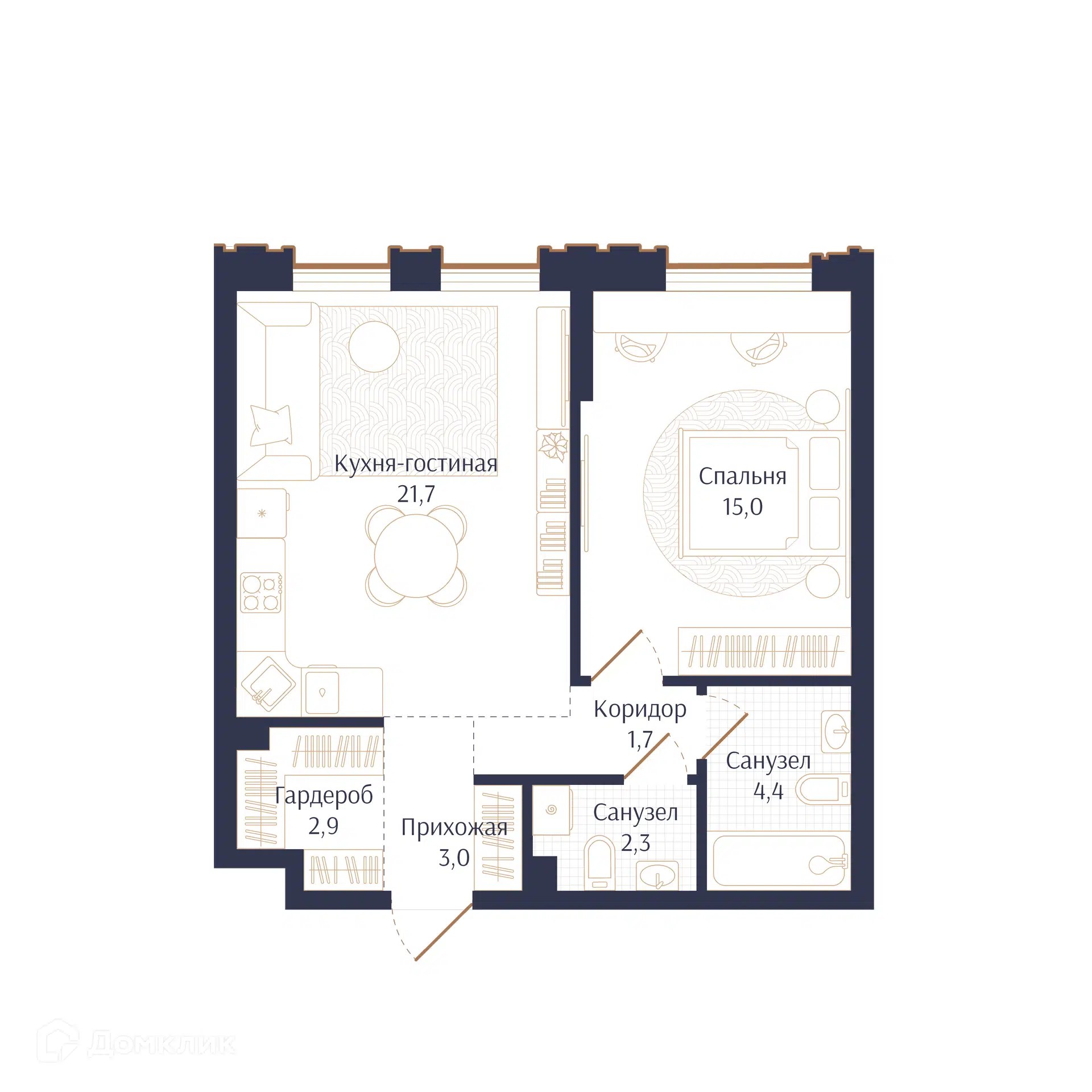 Планировка: 1-комн. квартира 51.00 м² в новостройке Брют Резиденс