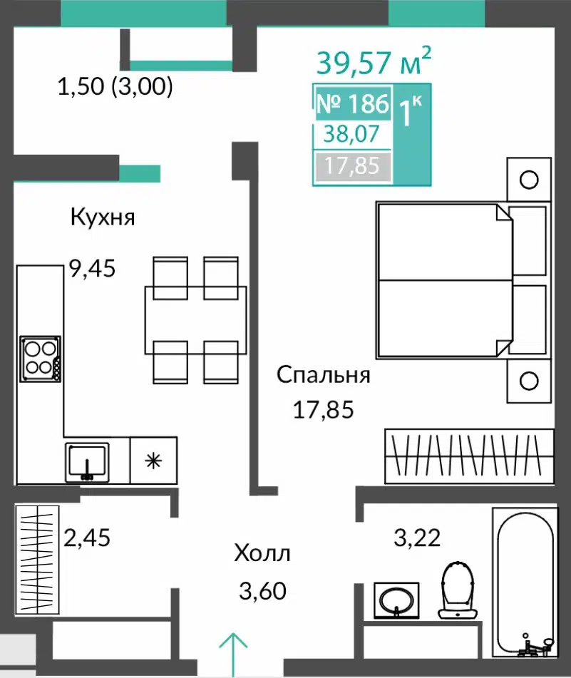 Планировка: 1-комн. квартира 38.07 м² в новостройке ЖК Единство