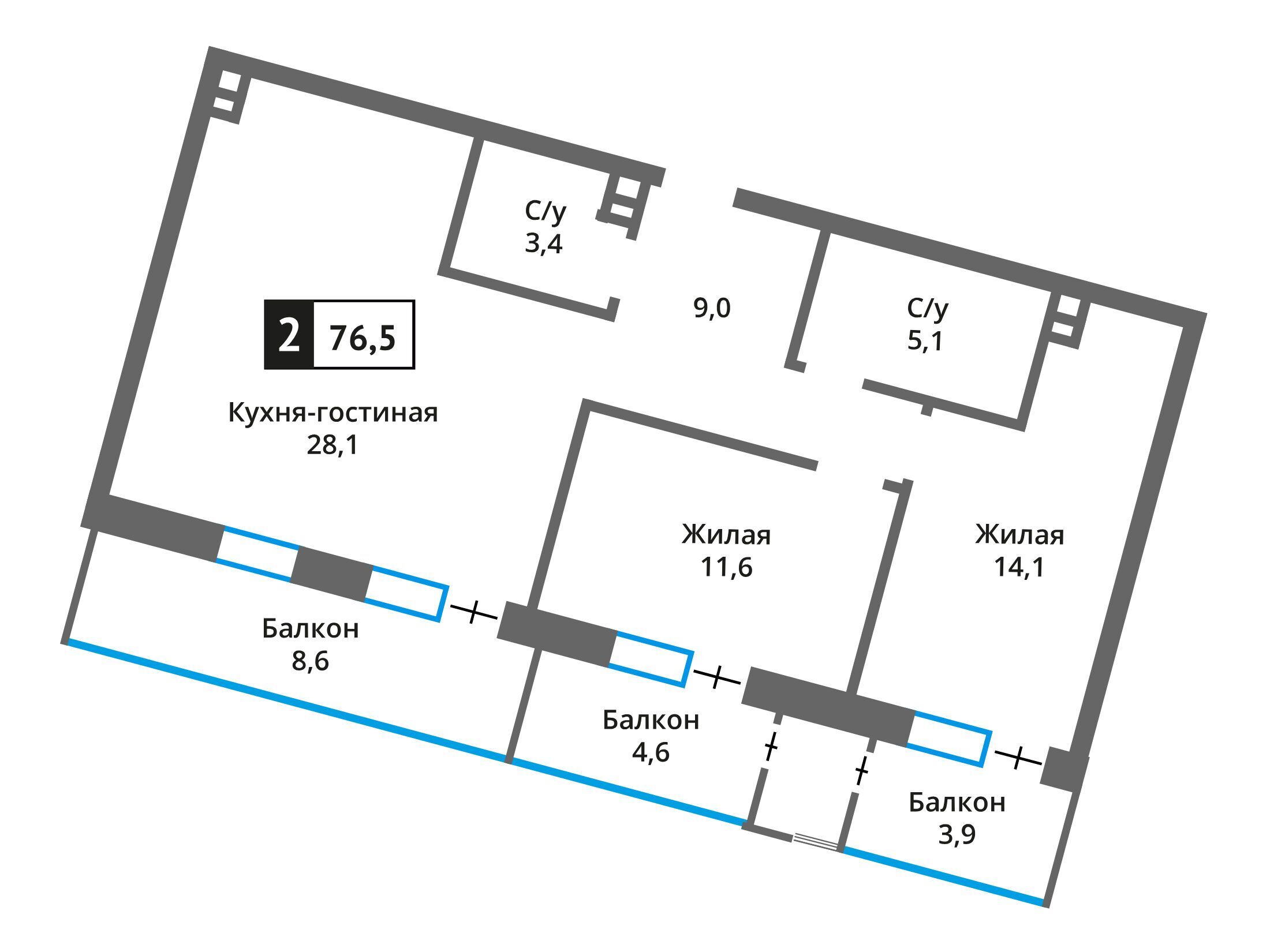 Планировка: 2-комн. квартира 71.20 м² в новостройке Отрада на реке