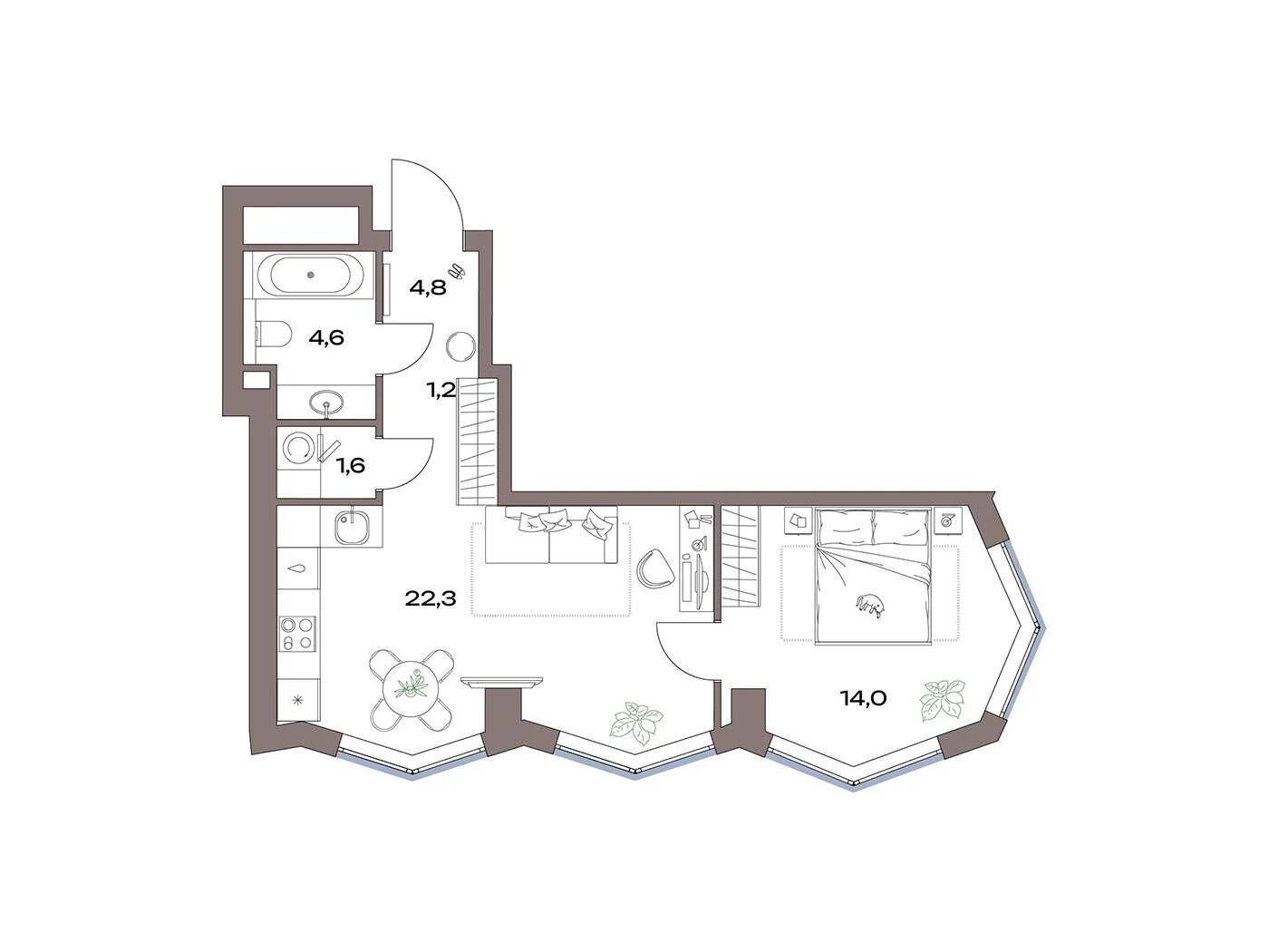 Планировка: 1-комн. квартира 48.10 м² в новостройке Акценты