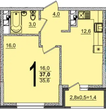 Планировка: 1-комн. квартира 37.00 м² в новостройке ЖК Грани