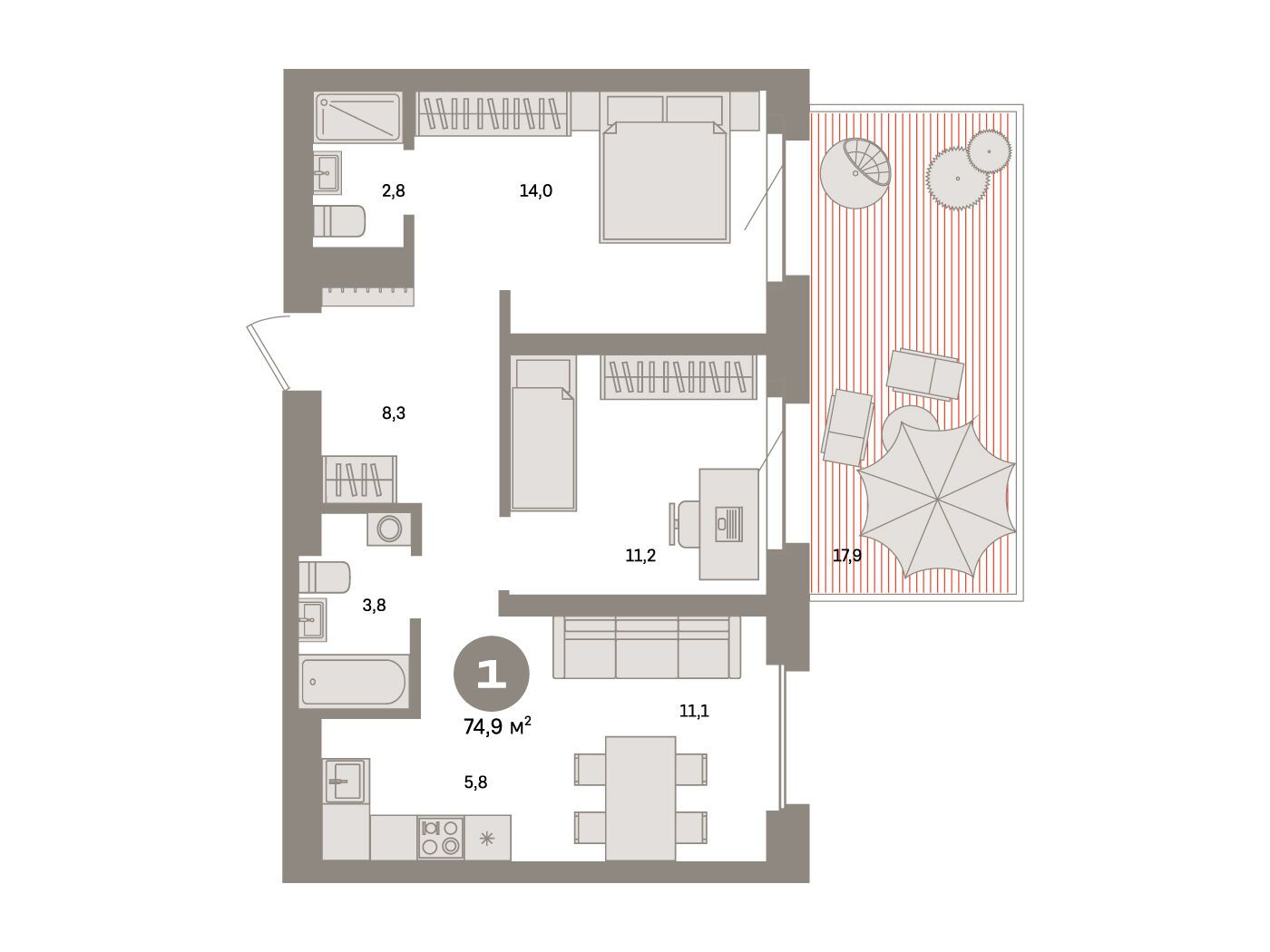 Планировка: 1-комн. квартира 74.90 м² в новостройке Метроном