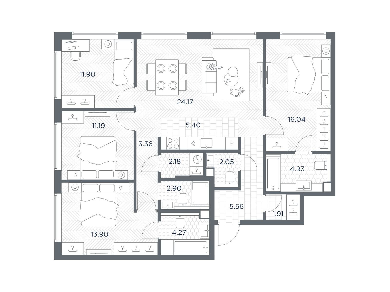 Планировка: 4-комн. квартира 109.76 м² в новостройке Тейт