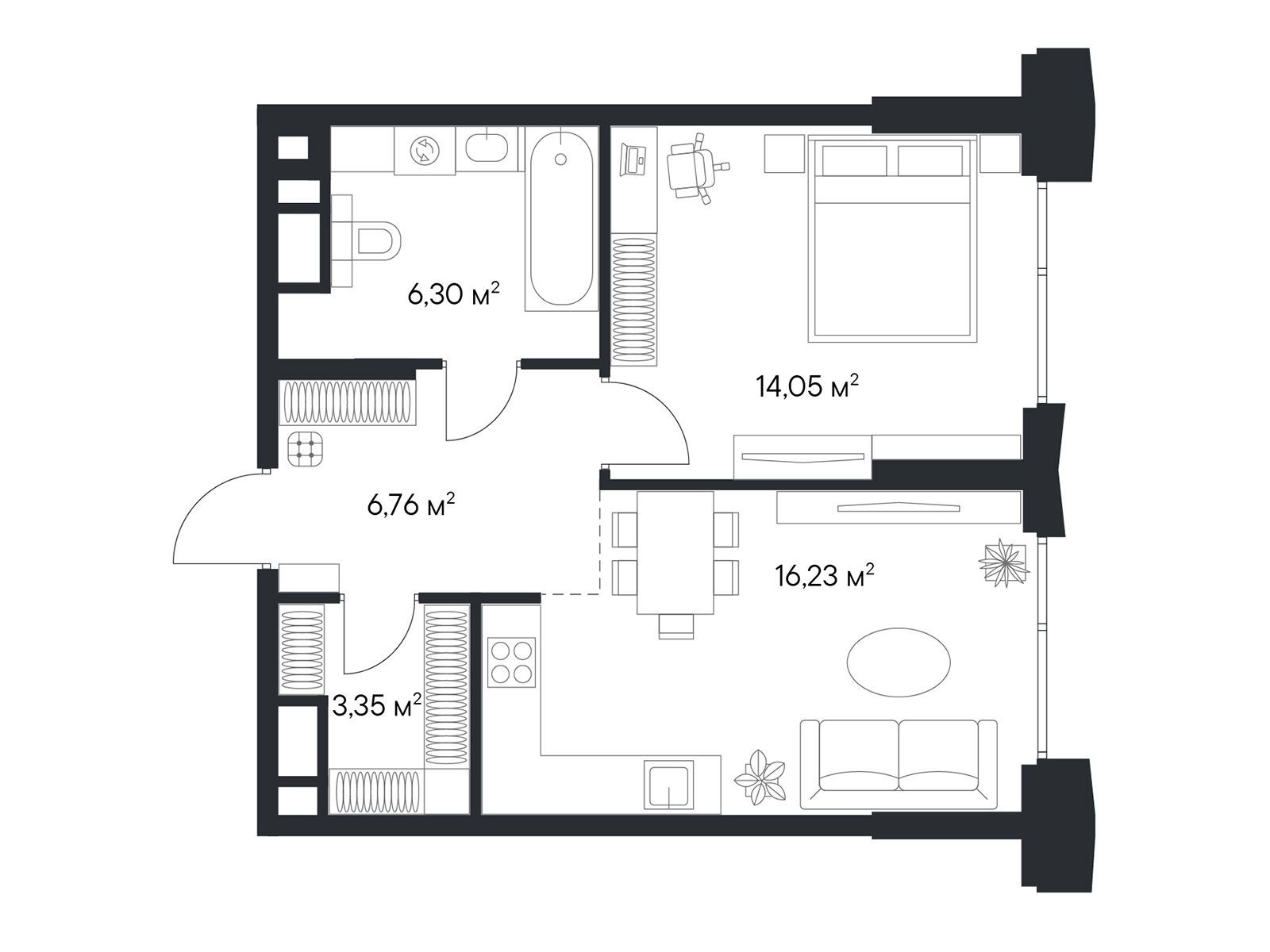 Планировка: 1-комн. квартира 46.69 м² в новостройке Первый Нагатинский