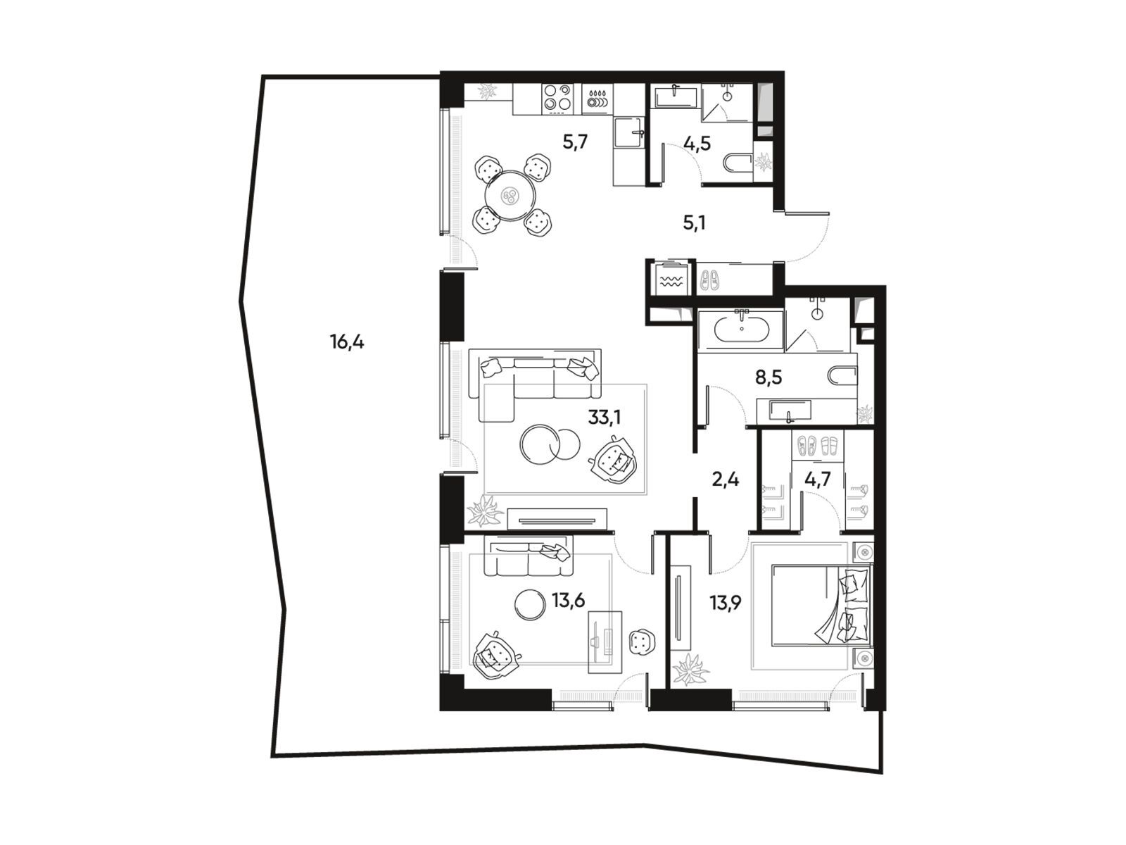 Планировка: 3-комн. квартира 92.80 м² в новостройке Прайд