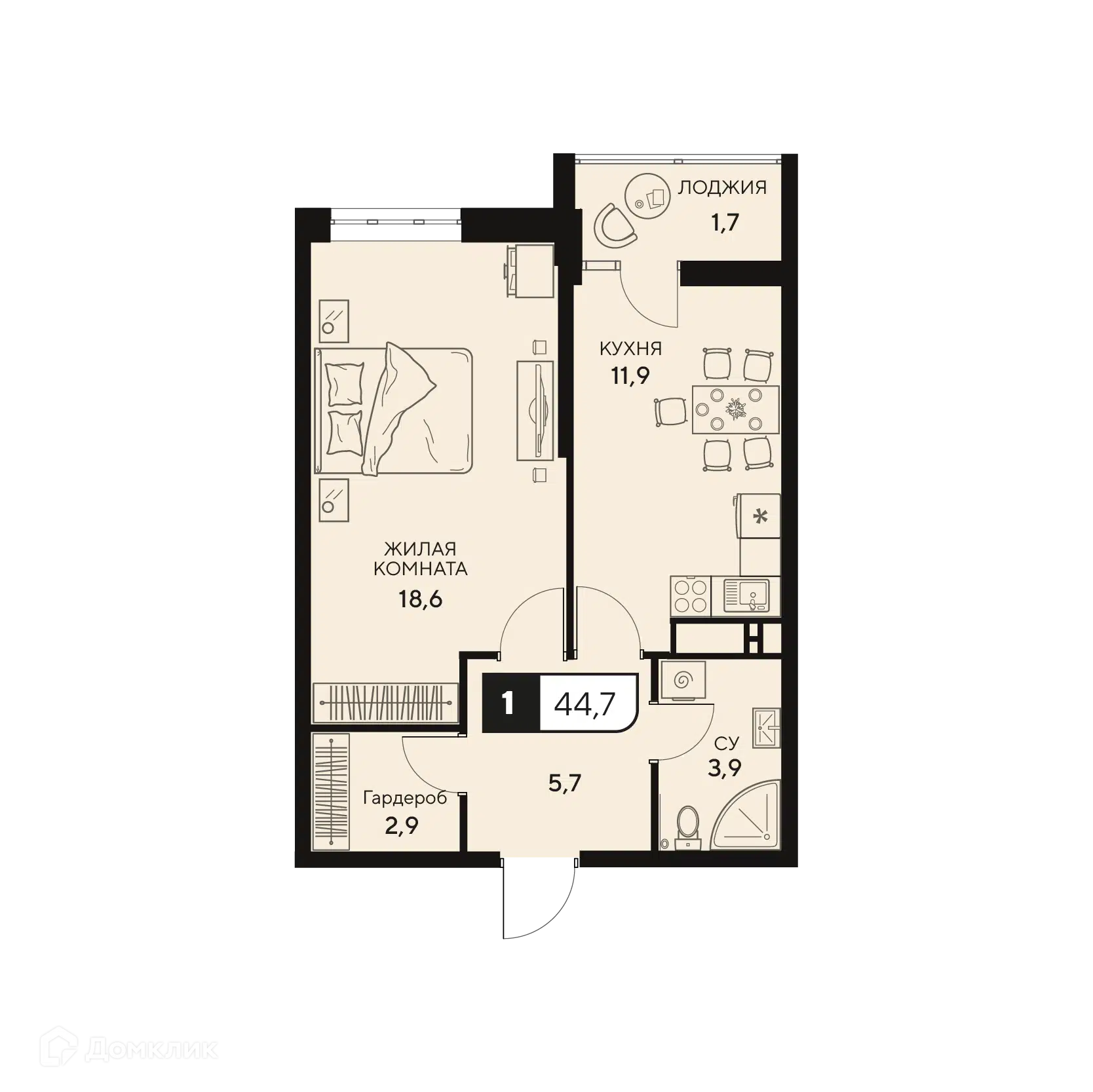 Планировка: 1-комн. квартира 44.70 м² в новостройке 18/3