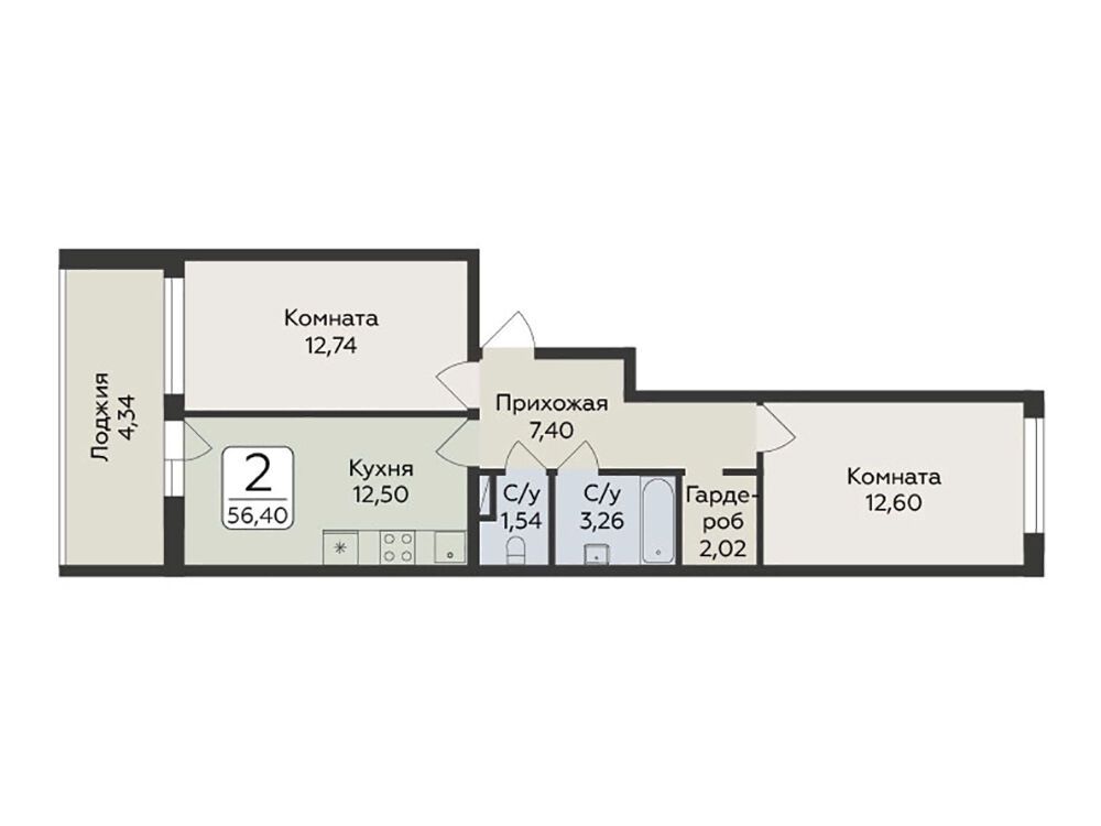Планировка: 2-комн. квартира 56.40 м² в новостройке Панорама Юкки