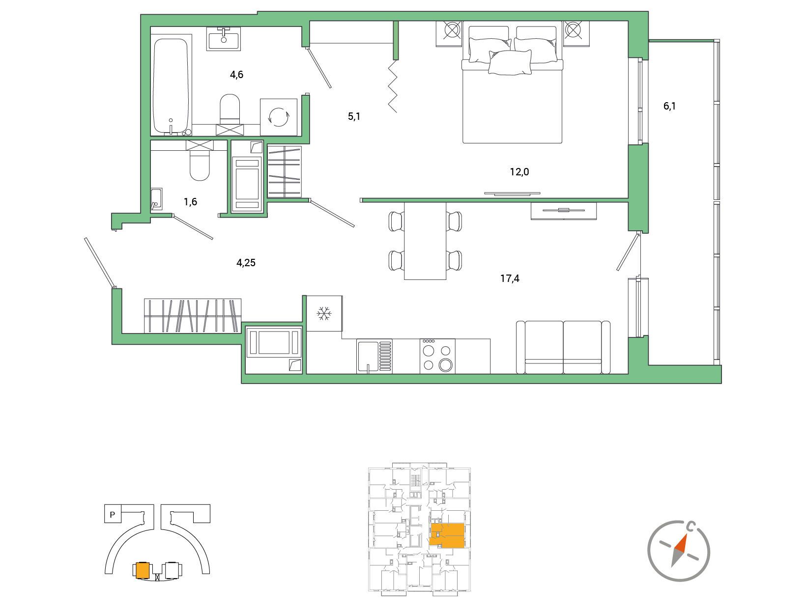 Планировка: 1-комн. квартира 48.00 м² в новостройке Окла Вижн