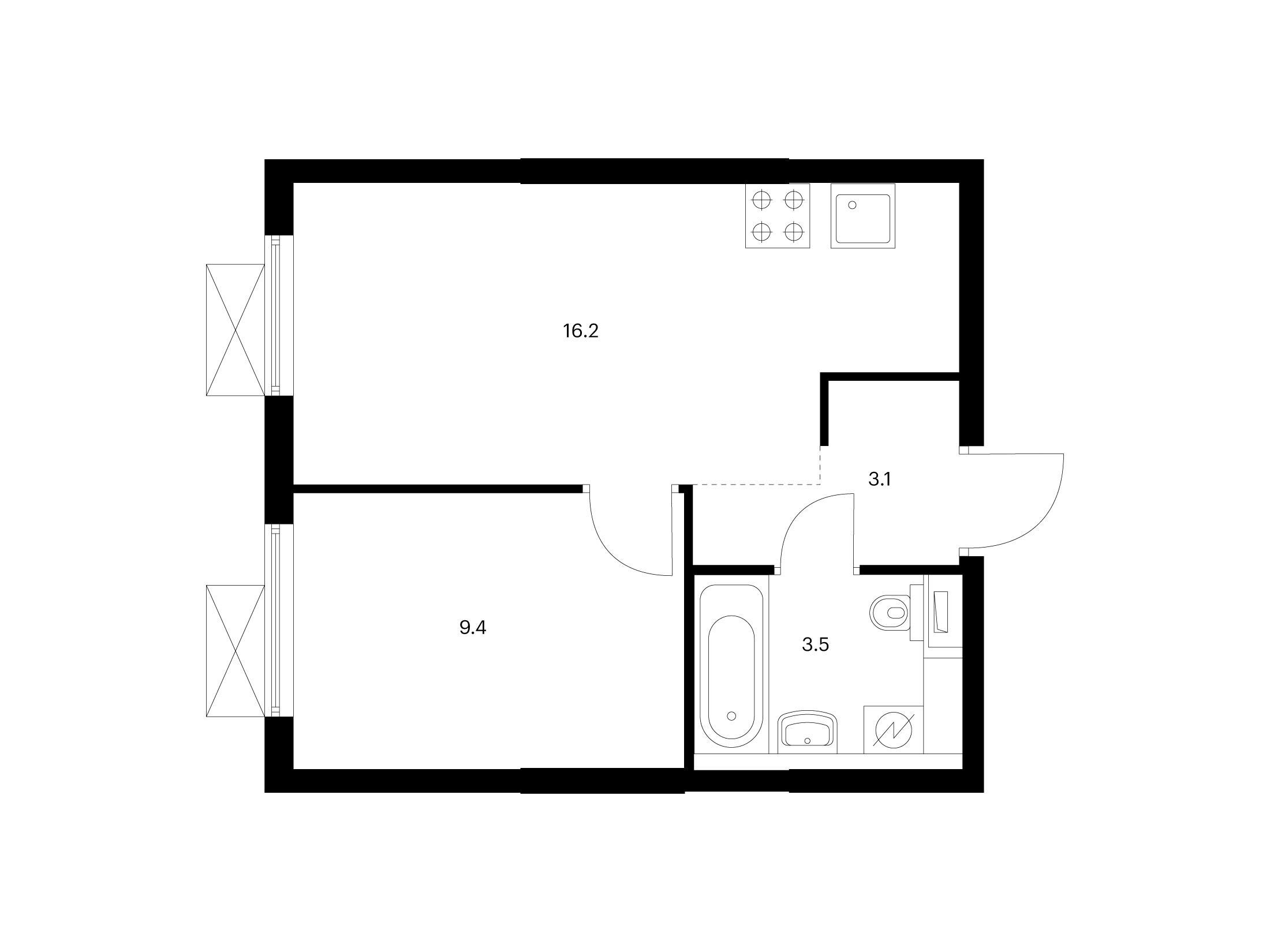 Планировка: 1-комн. квартира 32.20 м² в новостройке Кузьминский лес