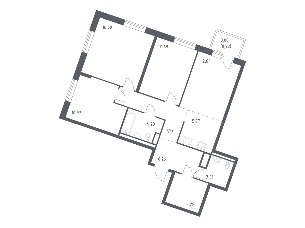 Планировка: 3-комн. квартира 83.92 м² в новостройке Лаголово