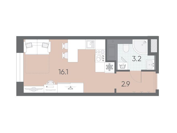 Планировка: Студия 22.20 м² в новостройке Большая Охта