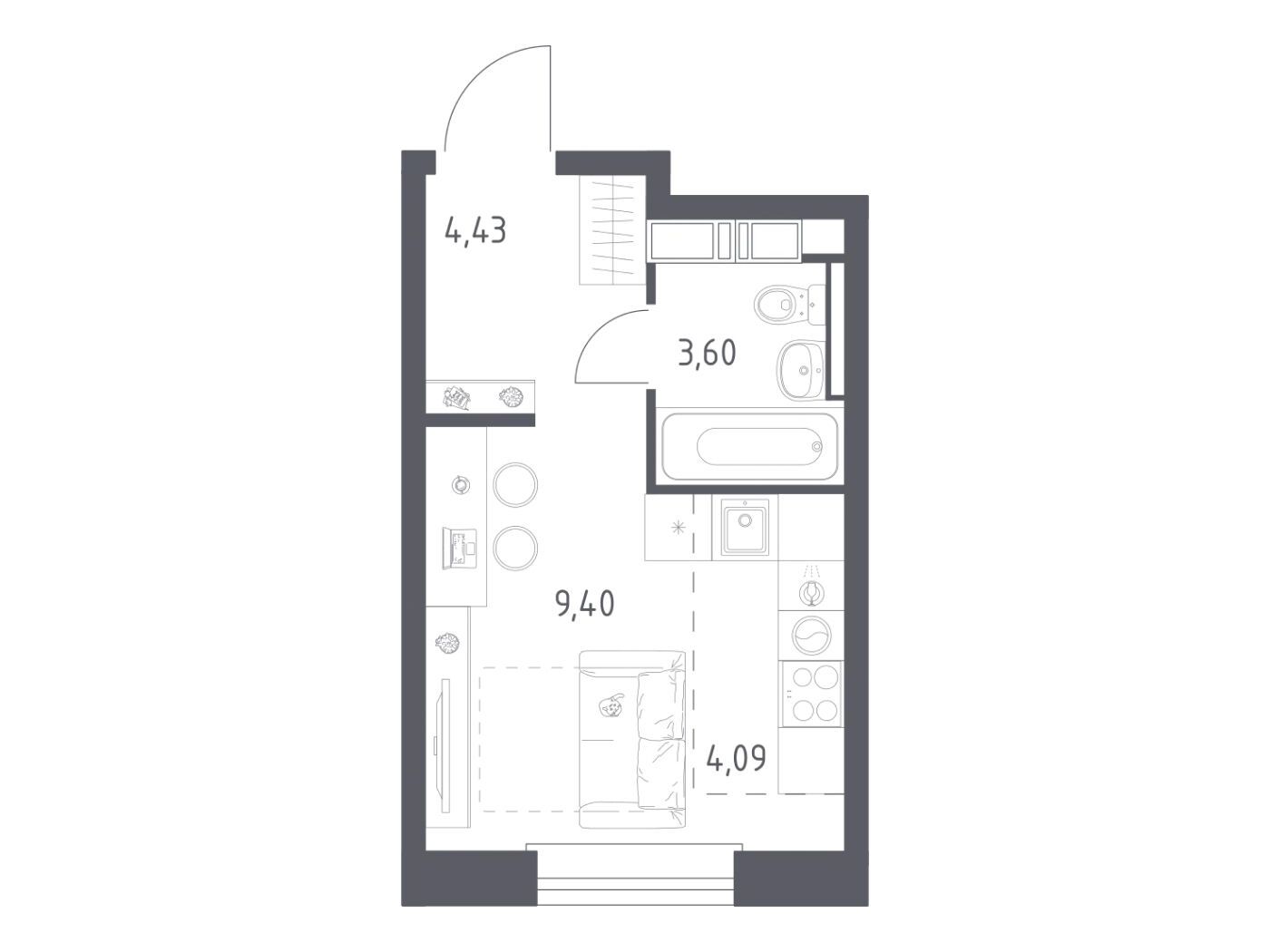 Планировка: Студия 21.52 м² в новостройке Эко Бунино