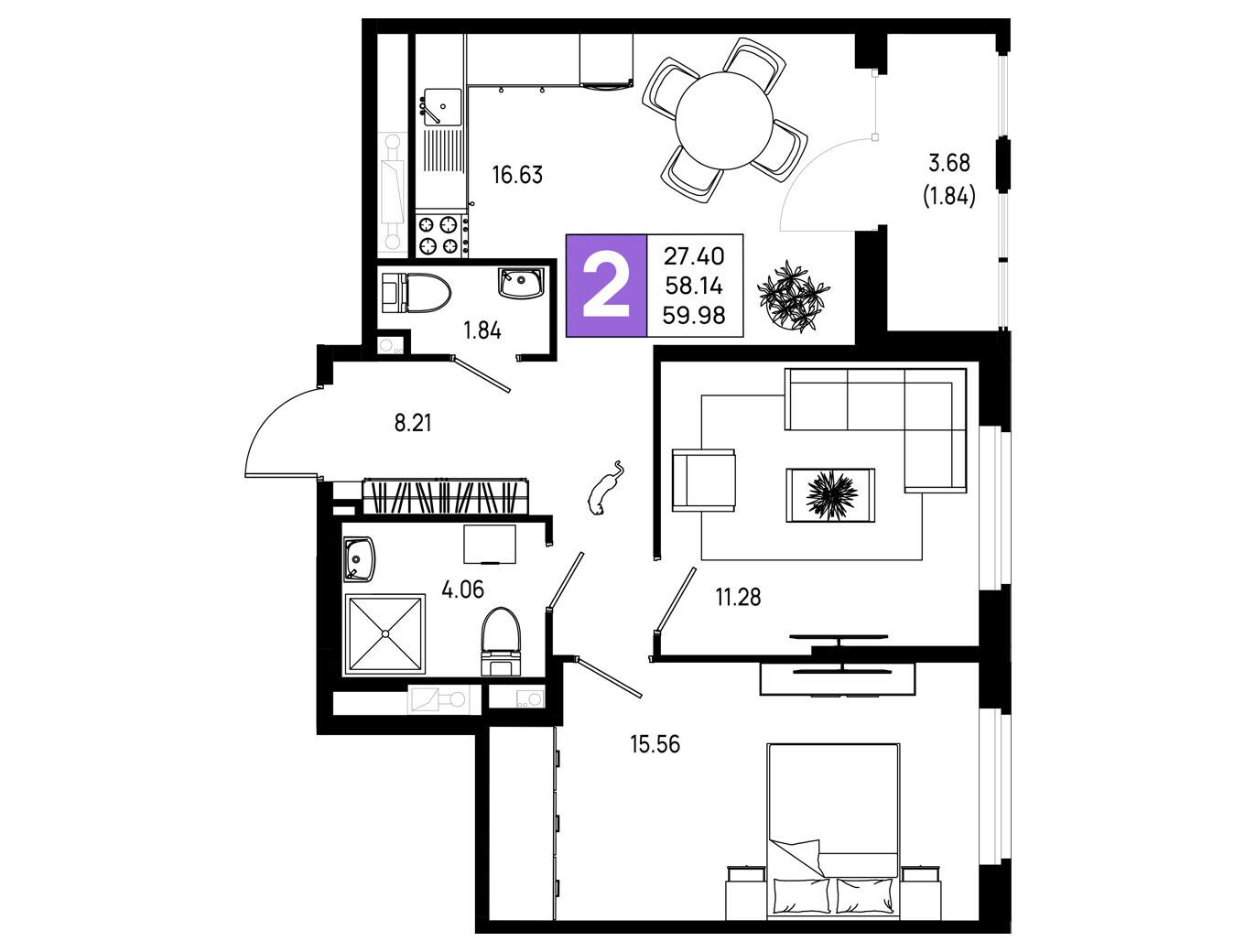 Планировка: 2-комн. квартира 59.98 м² в новостройке Имена