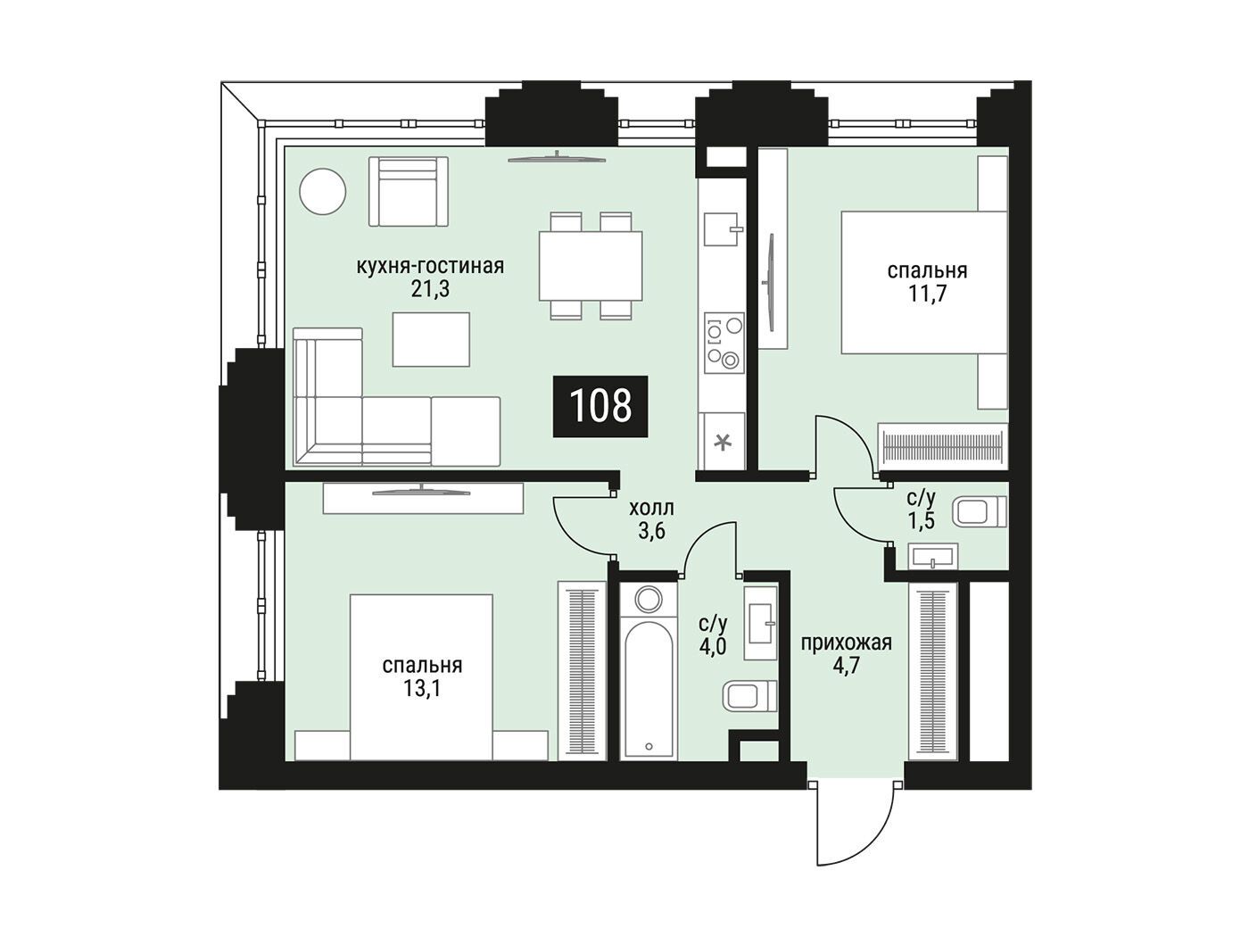 Планировка: 2-комн. квартира 62.20 м² в новостройке Шелепиха