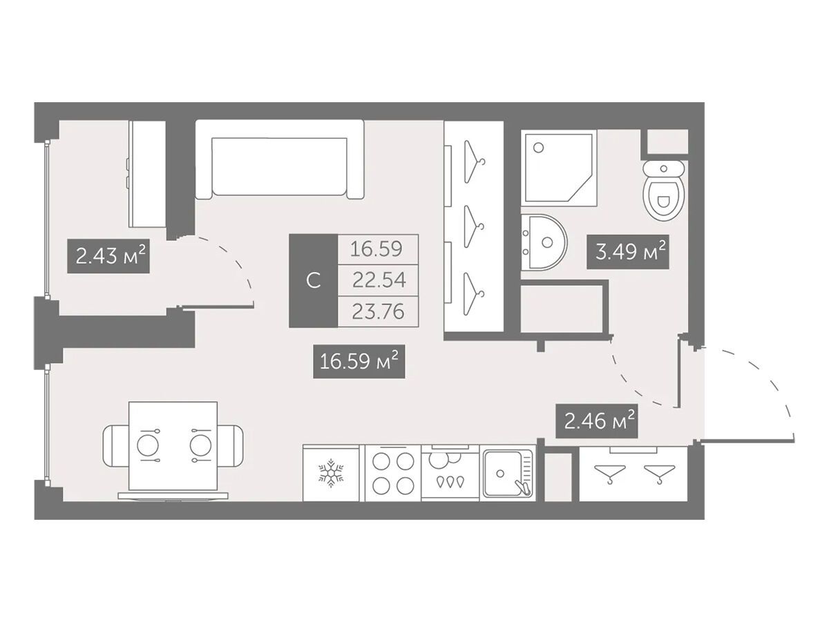 Планировка: Студия 23.76 м² в новостройке Новый Московский