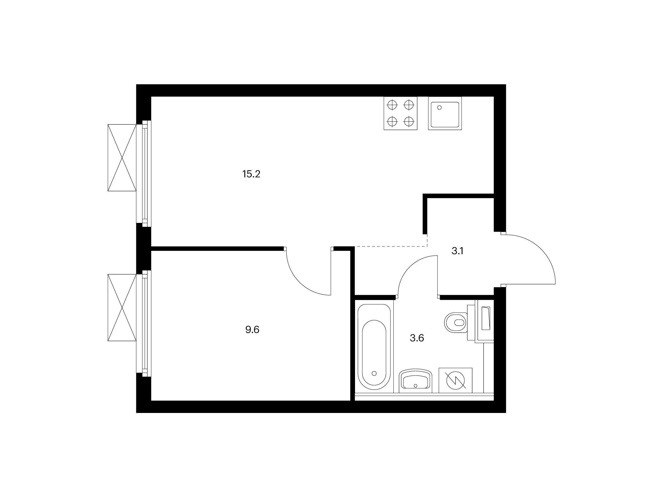 Планировка: 1-комн. квартира 31.50 м² в новостройке Первый Дубровский