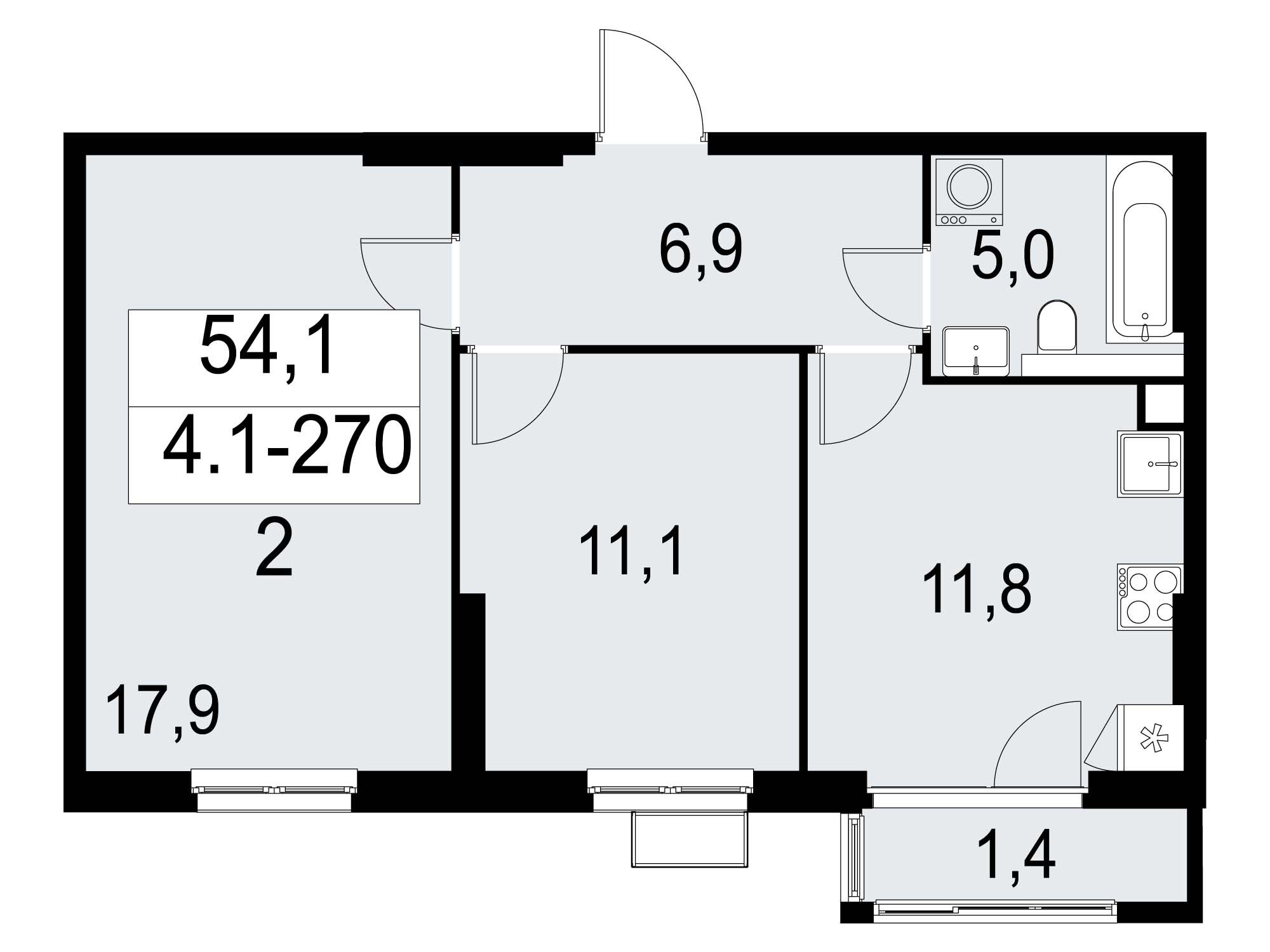 Планировка: 2-комн. квартира 54.00 м² в новостройке Южные Сады
