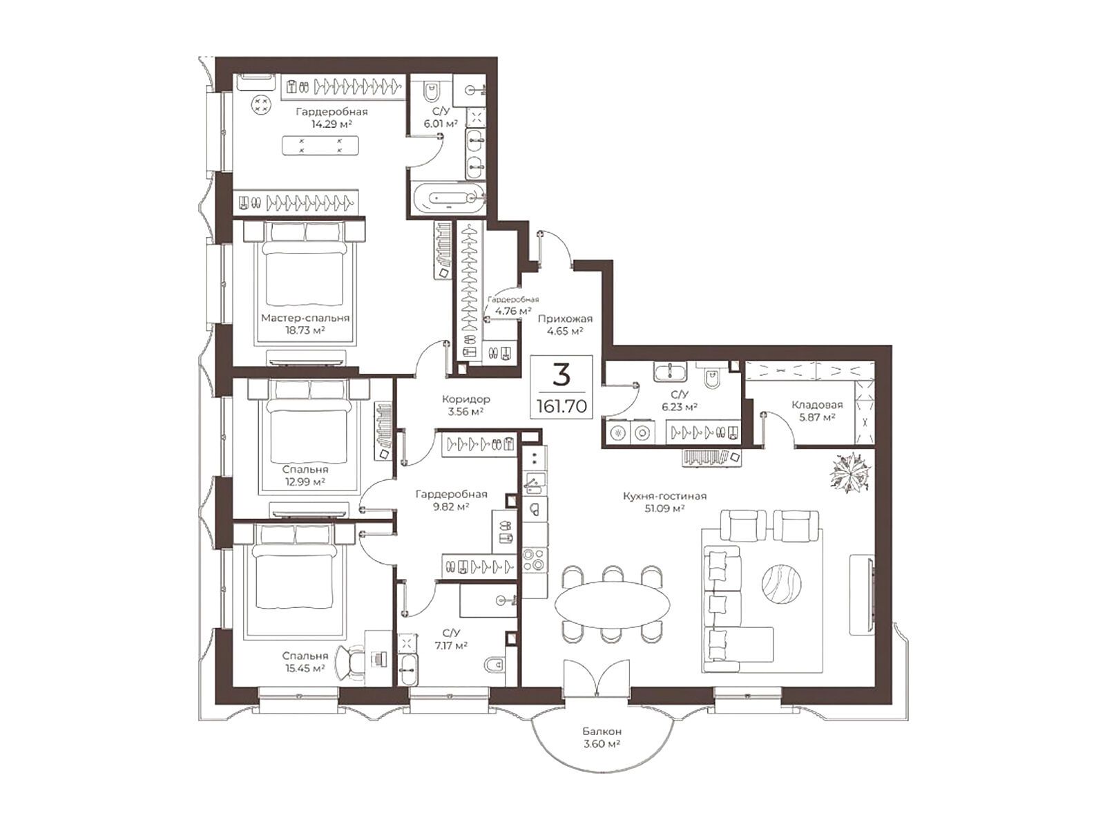 Планировка: 3-комнатная квартира 161.70 м² в новостройке Клубный дом Воронцовъ
