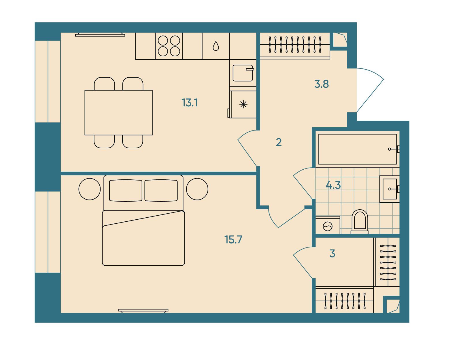 Планировка: 1-комн. квартира 41.70 м² в новостройке ЖК ЭРА