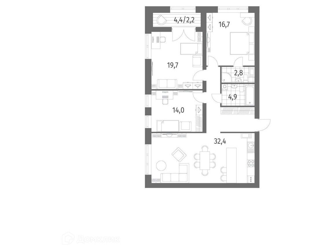 Планировка: 3-комн. квартира 106.00 м² в новостройке Наука