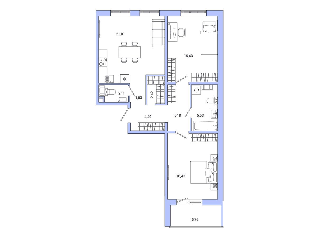 Планировка: 2-комн. квартира 78.60 м² в новостройке АйКью Гатчина