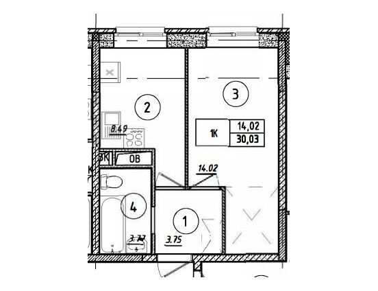 Планировка: 1-комн. квартира 30.03 м² в новостройке Парковый
