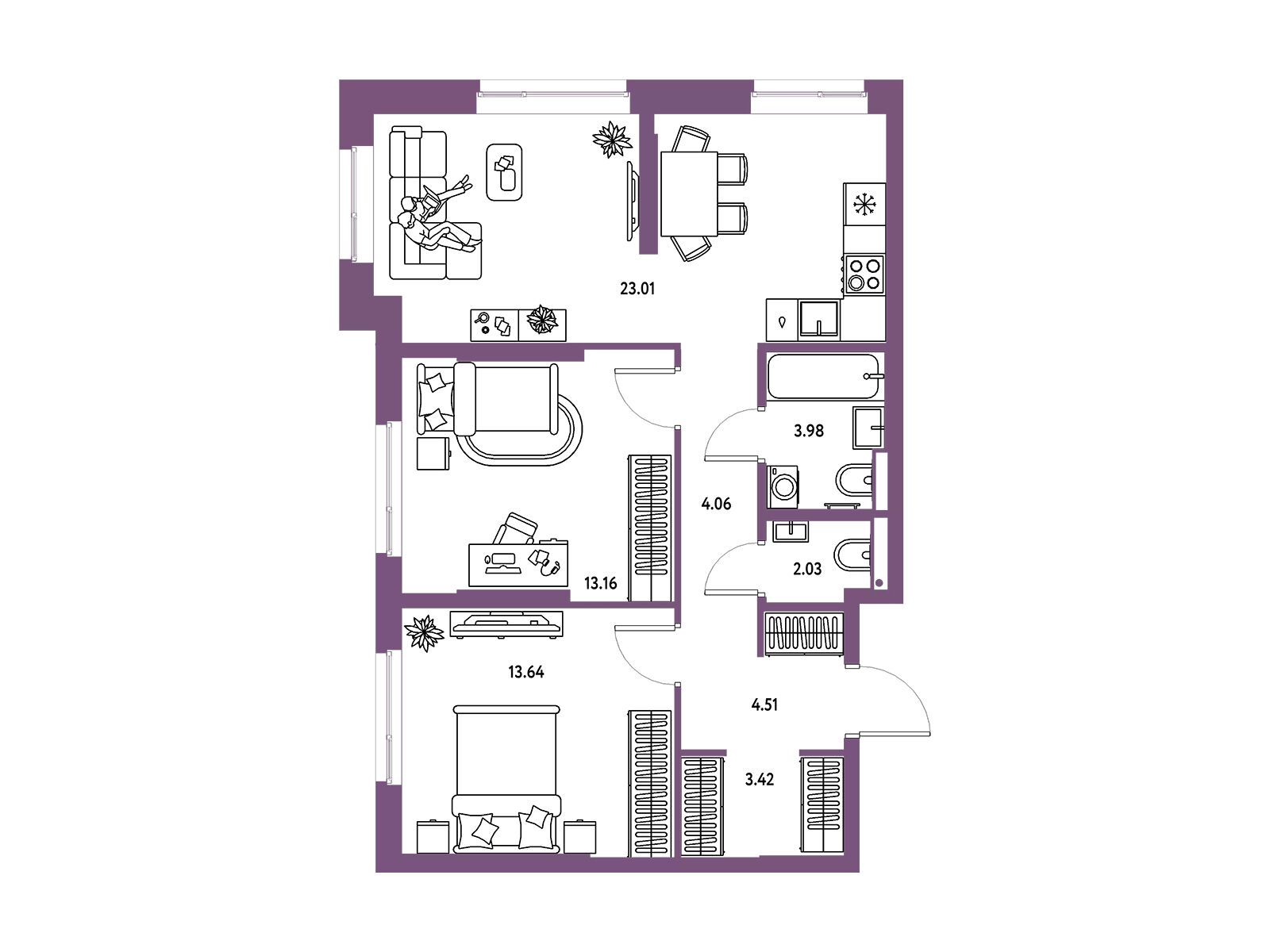 Планировка: 3-комн. квартира 67.81 м² в новостройке Страна Парковая